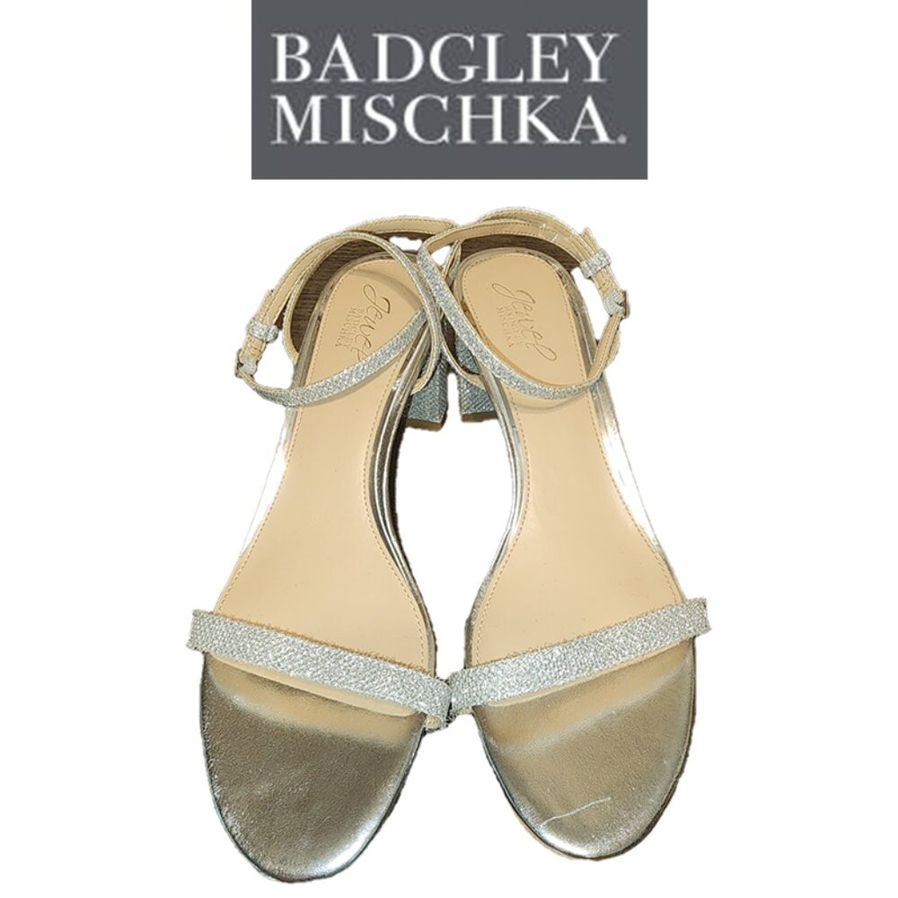 JEWEL BADGLEY MISCHKA Danni II Block Heel Evening Sandals NWT SILVER FABRIC 10M